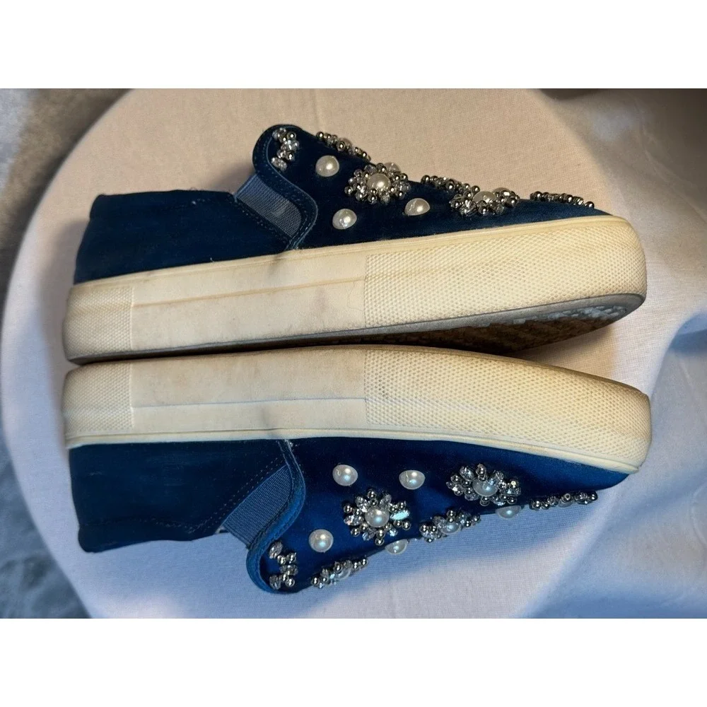 Topshop slip-on loafers 38 blue comfort shoes pearl embellished crystal preppy